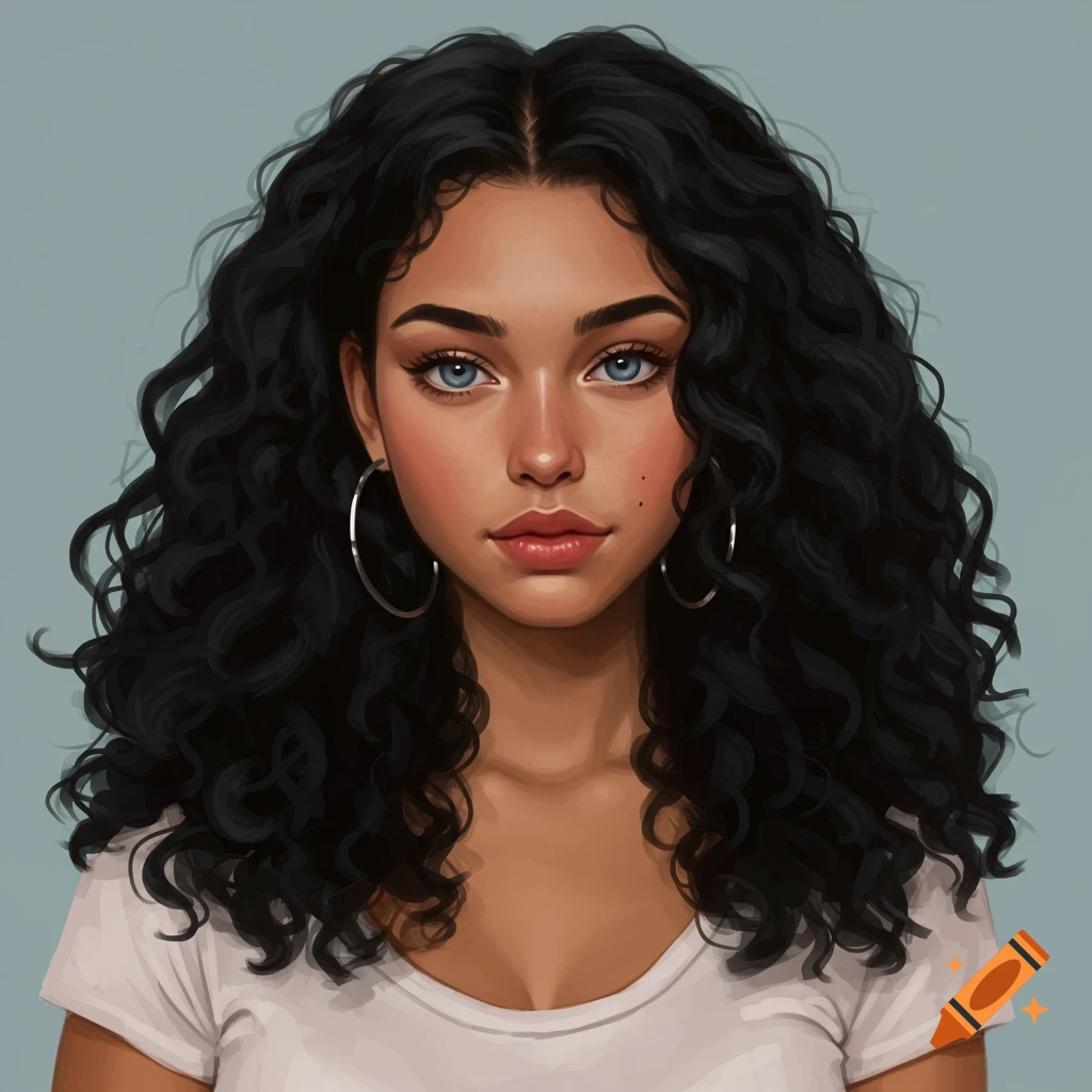Close-up of a young woman with black curly hair and blue eyes wearing a white shirt.