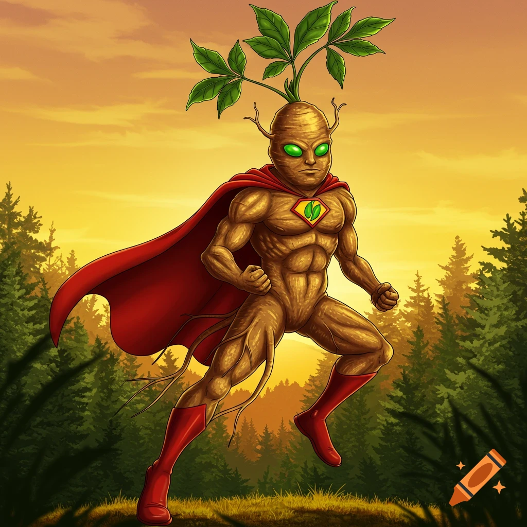 A plant-based superhero with a red cape stands in a forest at sunset.