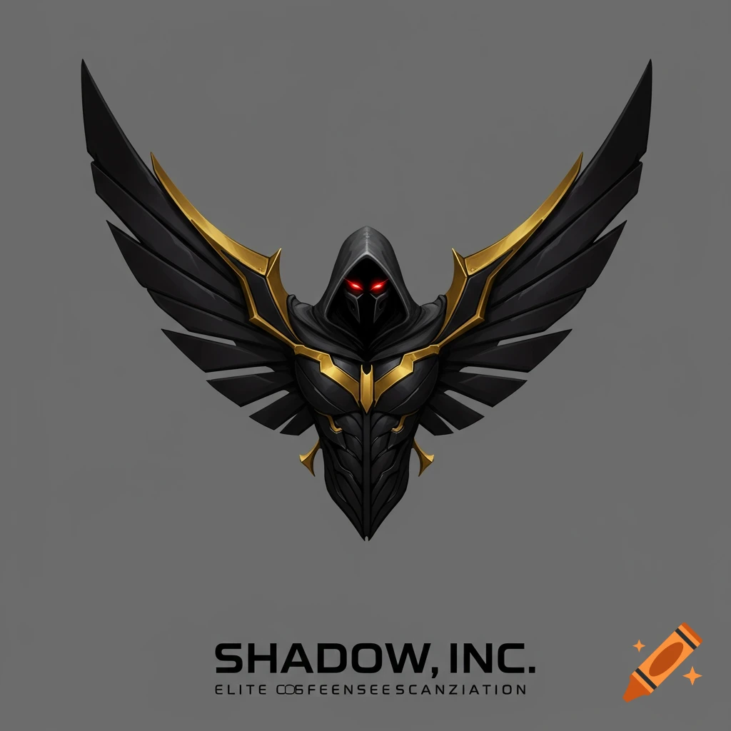 Logo of a hooded figure with red eyes and black and gold wings.