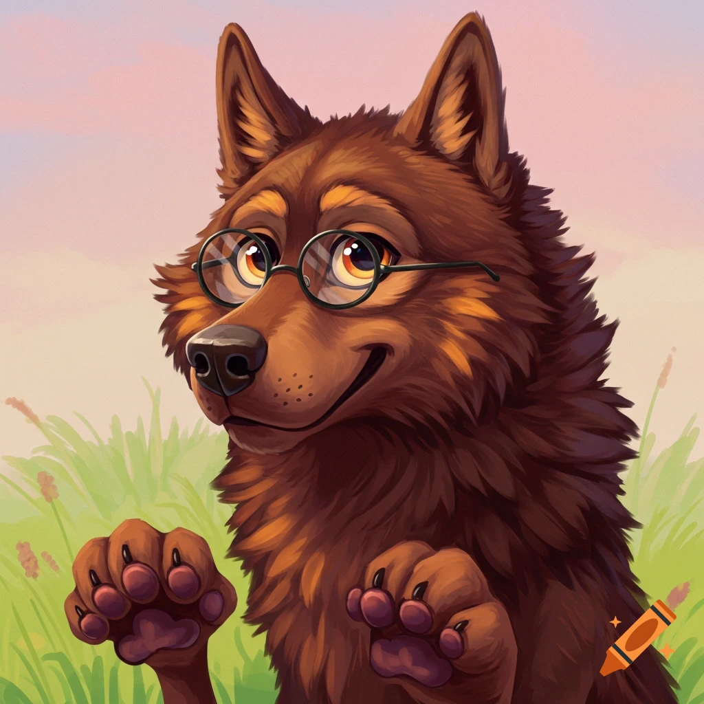 A cartoon wolf wearing glasses holds up its paws in a field.