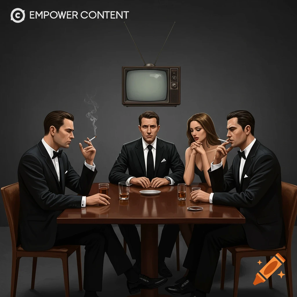 Four people in suits smoking and drinking at a table with a retro TV above them.