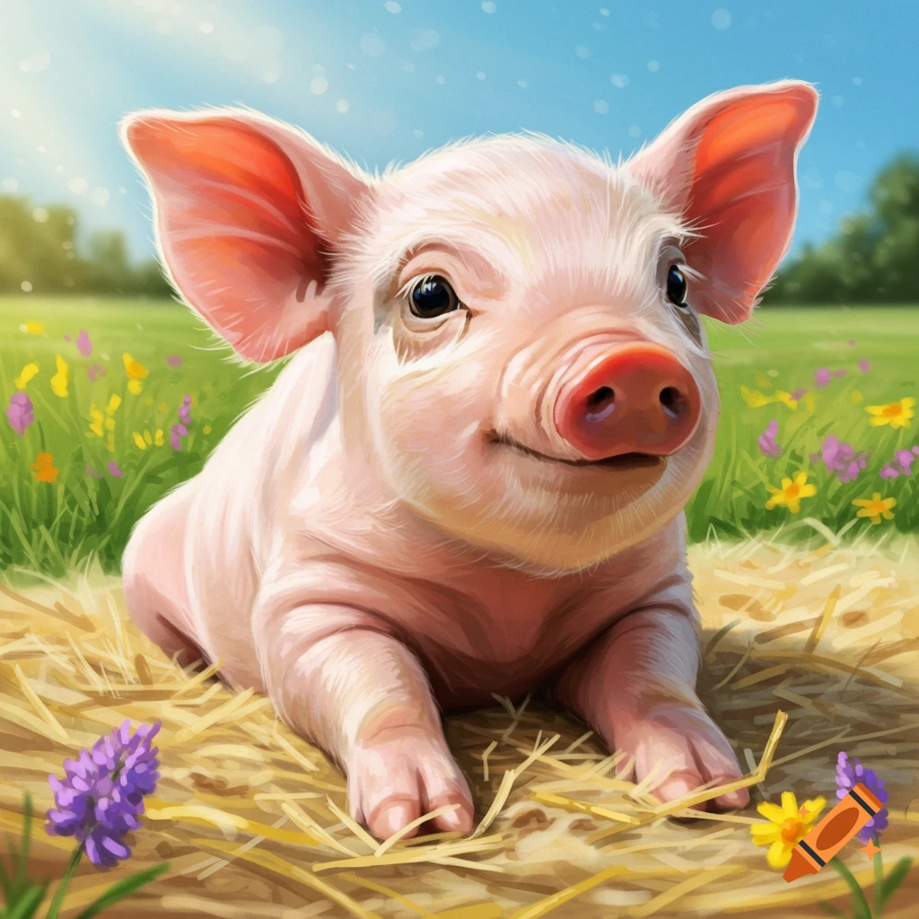 A cute piglet rests on straw in a field of flowers