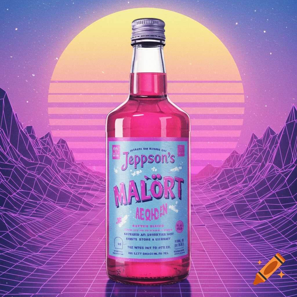 A bottle of pink liquid with a label in a vaporwave style landscape with a grid ground, mountains, and sunset.