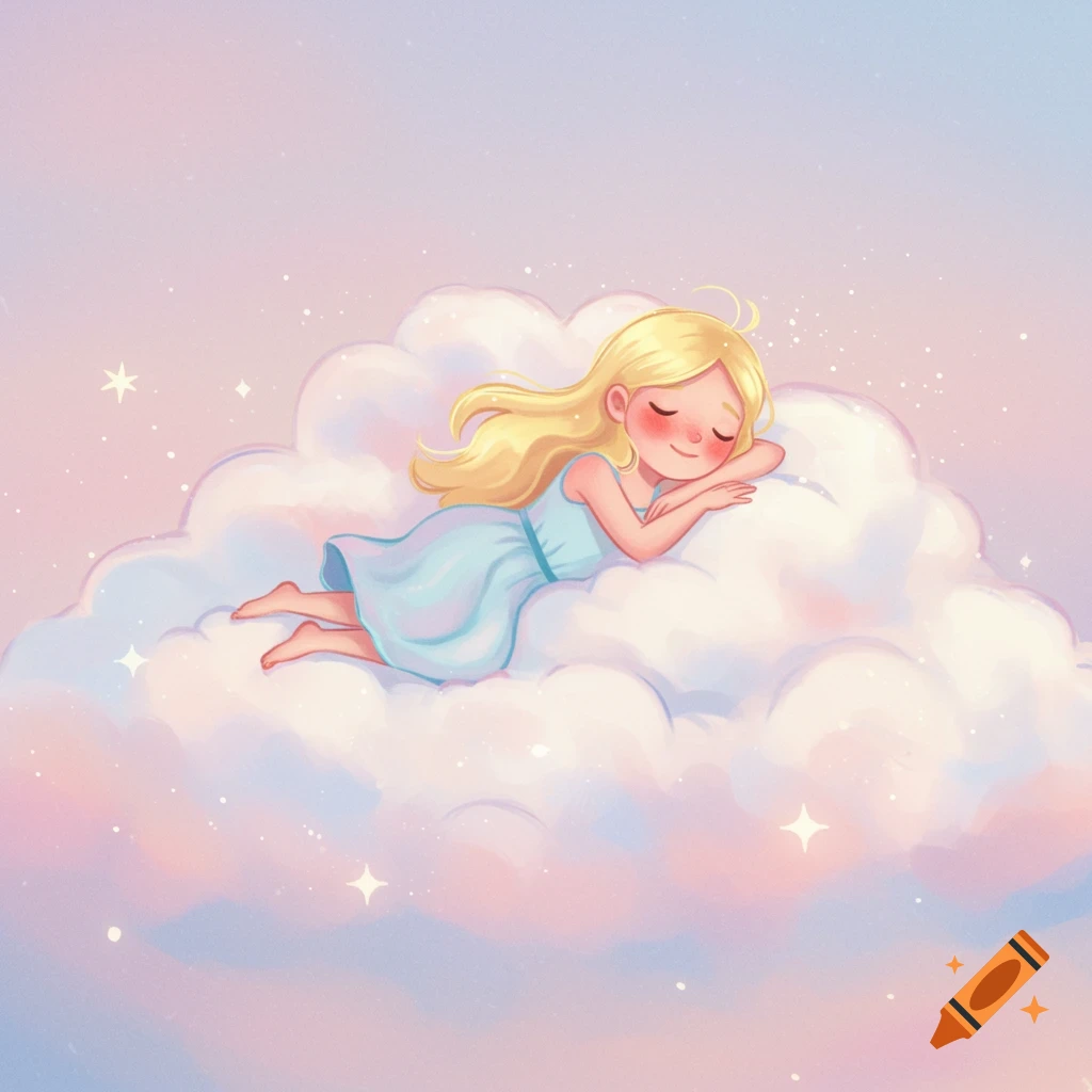 A whimsical digital illustration of a blonde girl sleeping peacefully on a fluffy cloud in a pastel sky filled with stars.