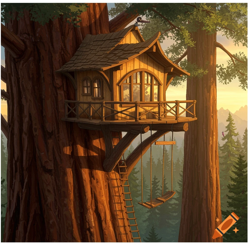 A whimsical wooden treehouse in a giant redwood tree during sunset, with a ladder and swing.