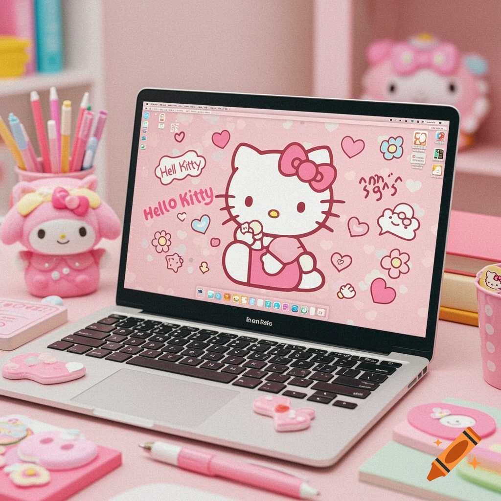 A pink desk with a laptop displaying a Hello Kitty wallpaper and surrounded by cute accessories.