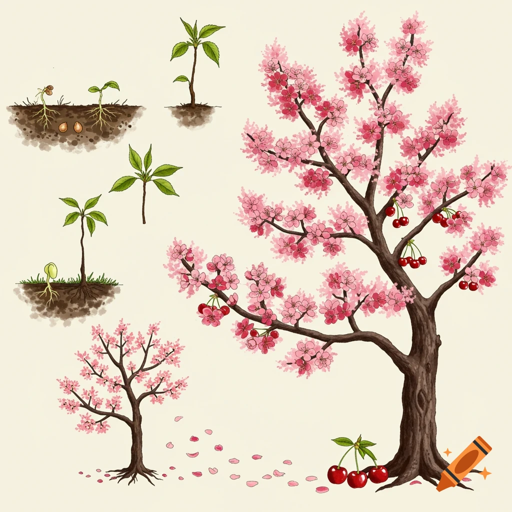 Illustration depicting the life cycle stages of a cherry blossom tree, from seeds to mature tree with flowers and cherries.