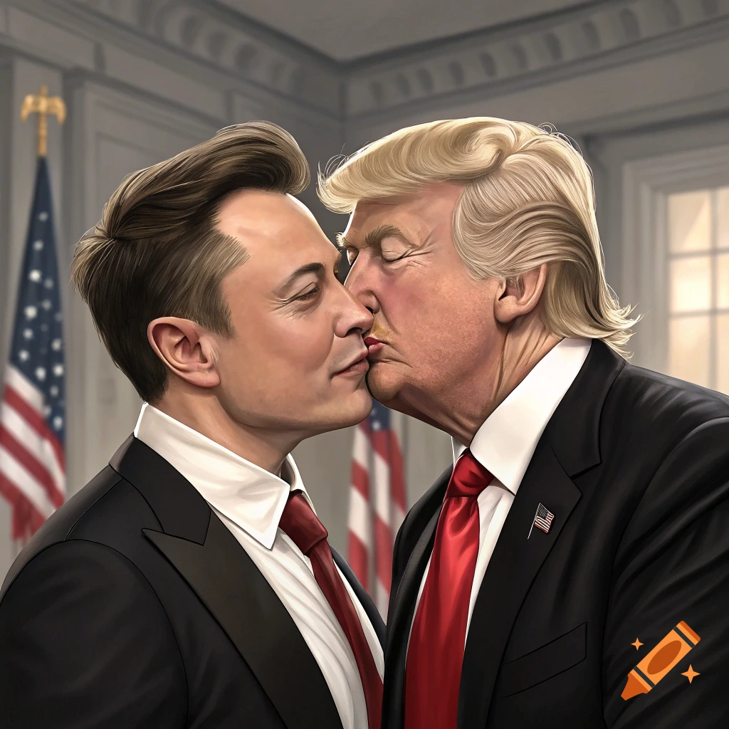 Illustration of Elon Musk and Donald Trump kissing in a room with US flags.