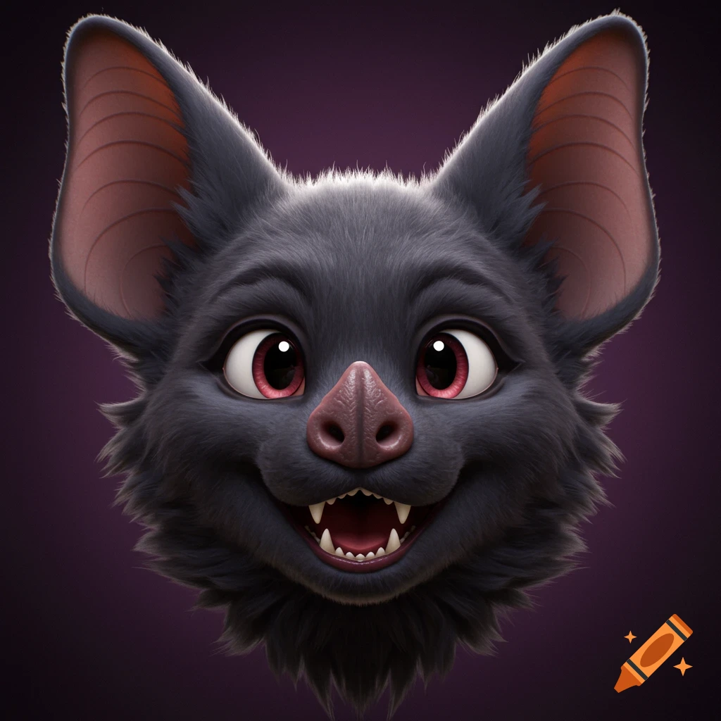 Close-up of a cute, cartoonish bat face with big eyes and a happy smile.