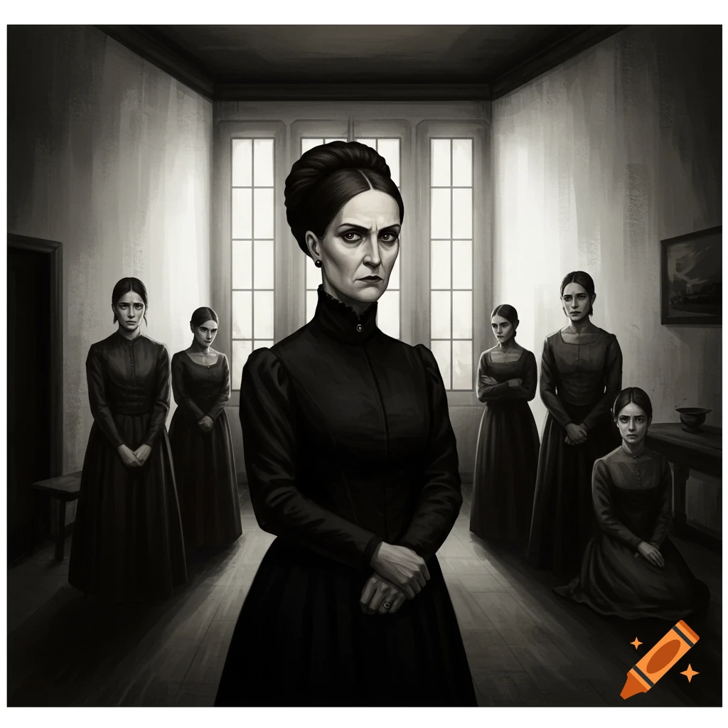 A stern woman stands with several somber women in dark dresses behind her in a room with windows.