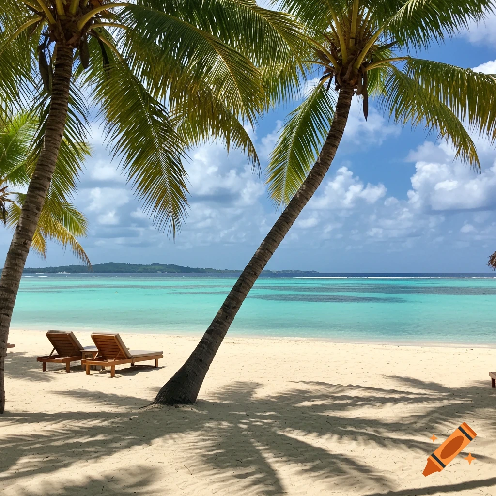 Tropical beach with palm trees, lounge chairs, white sand, and turquoise water.