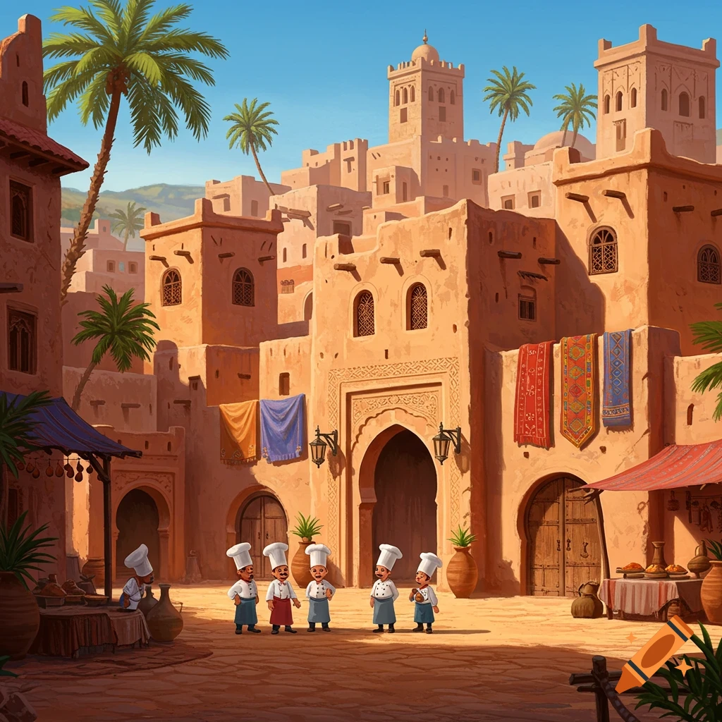 Tiny chefs stand in the courtyard of a Moroccan village with traditional buildings and palm trees.