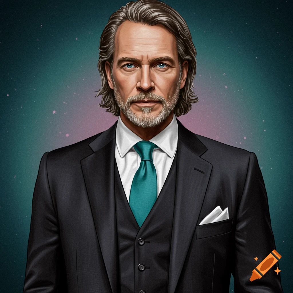 A middle-aged man in a black suit and teal tie against a starry background.