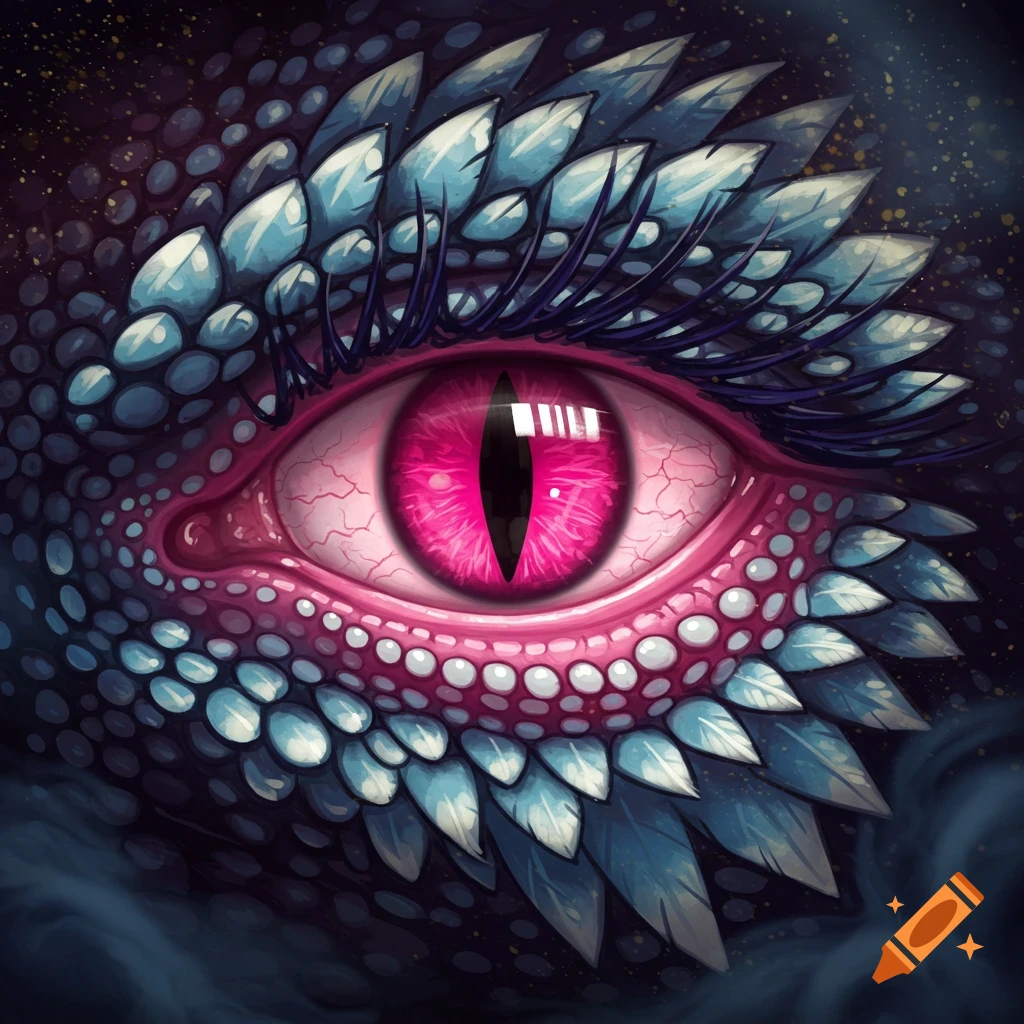 A close-up of a pink dragon eye with blue and white scales
