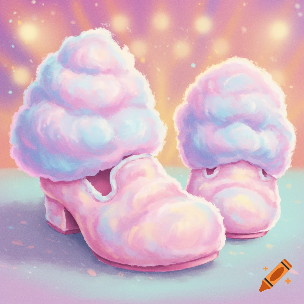 Pink and blue cotton candy shoes against a sparkly background.