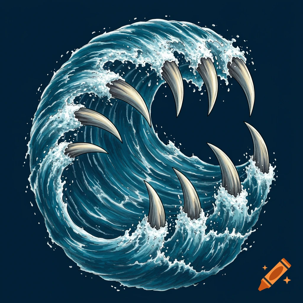 Illustration of a large ocean wave forming a monstrous mouth with teeth.