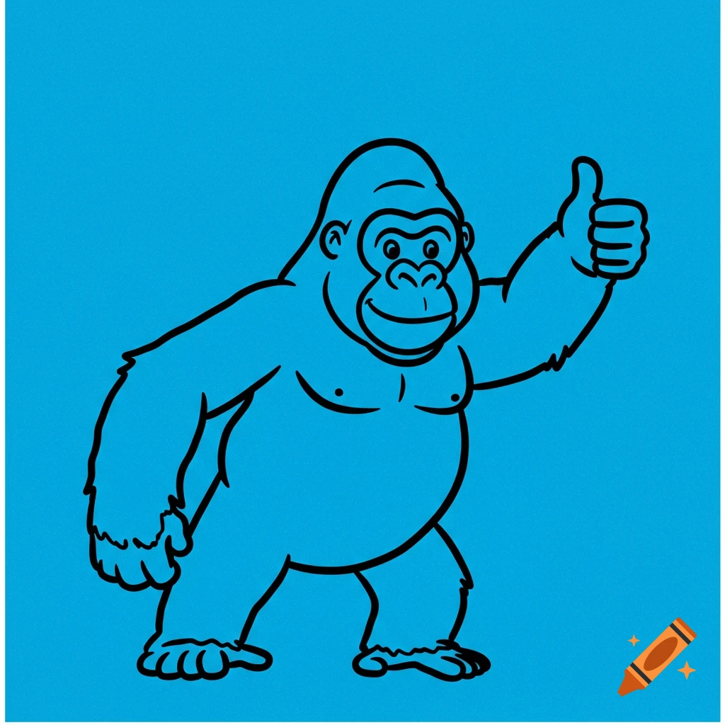 A black outline drawing of a cartoon gorilla giving a thumbs up on a blue background.