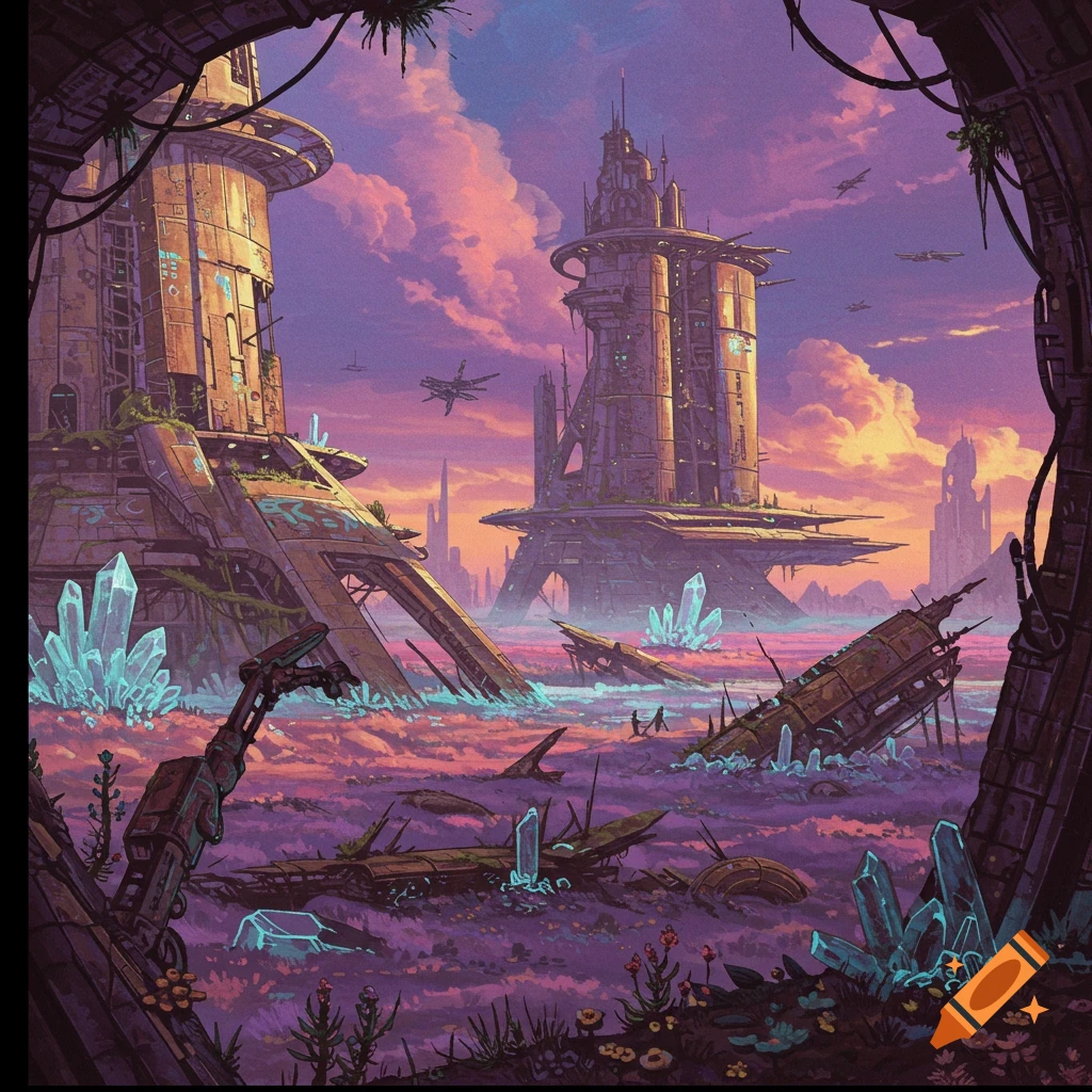 Futuristic ruins and large crystals in a landscape under a sunset sky.