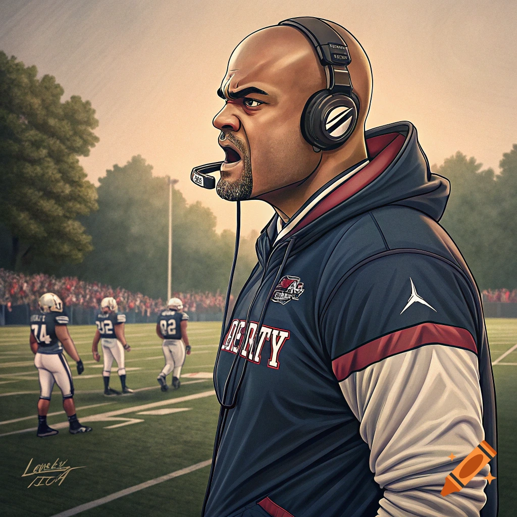 A bald football coach wearing a headset yells on the field during a game.