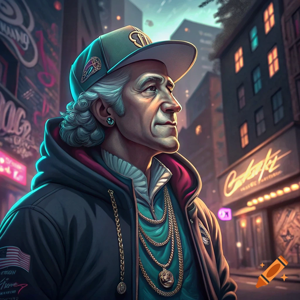 Illustrative portrait of a man resembling George Washington wearing hip hop clothes on a city street at night.