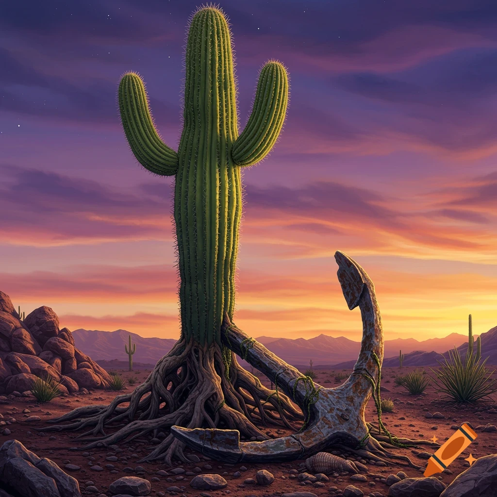 A saguaro cactus with anchor roots is seen in a desert landscape at sunset.