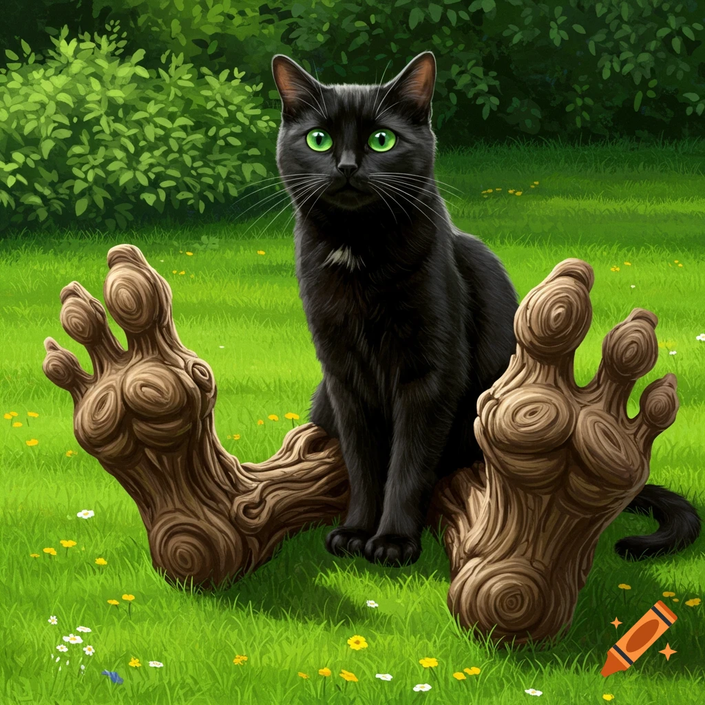 A black cat sitting on giant wooden feet in a grassy yard.
