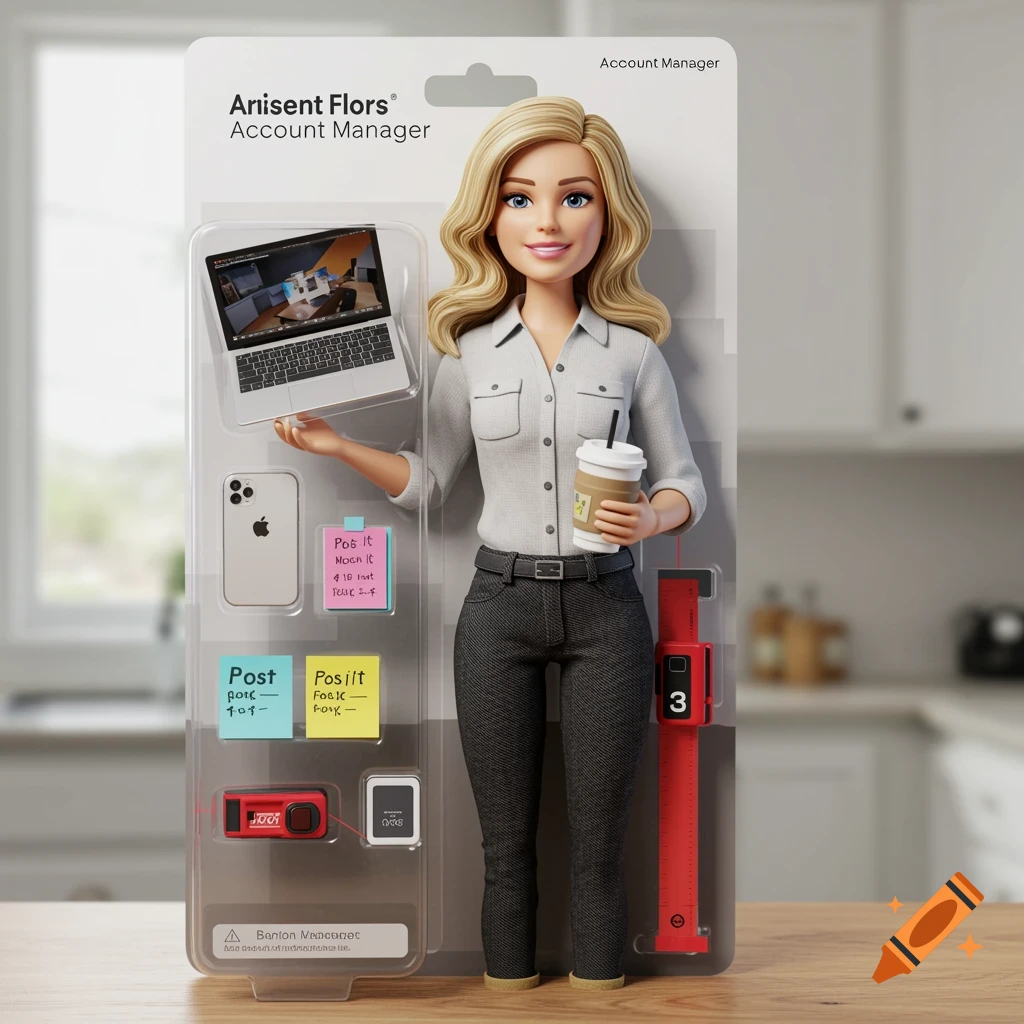 3D render of an action figure doll in packaging with accessories including a laptop, phone, and coffee cup.