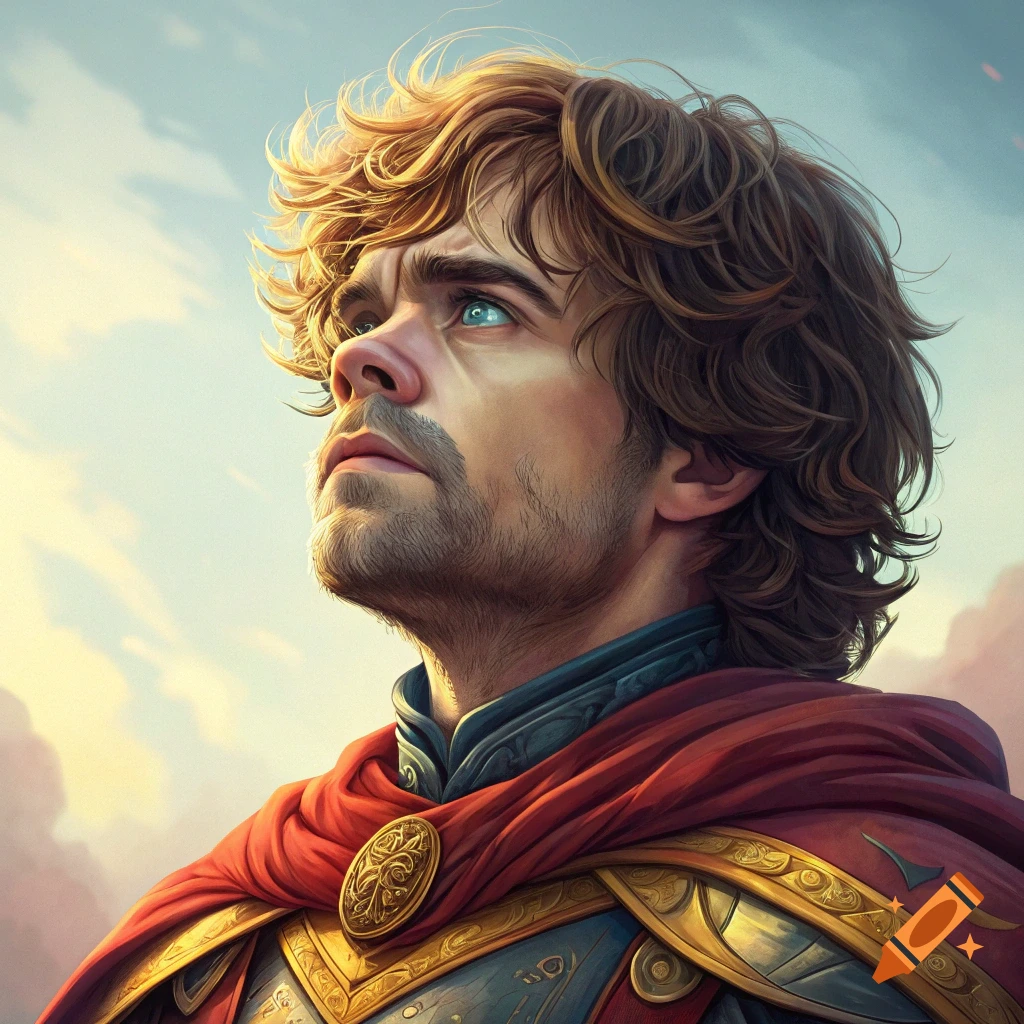 Heroic portrait of a man in fantasy armor and red cape looking upwards