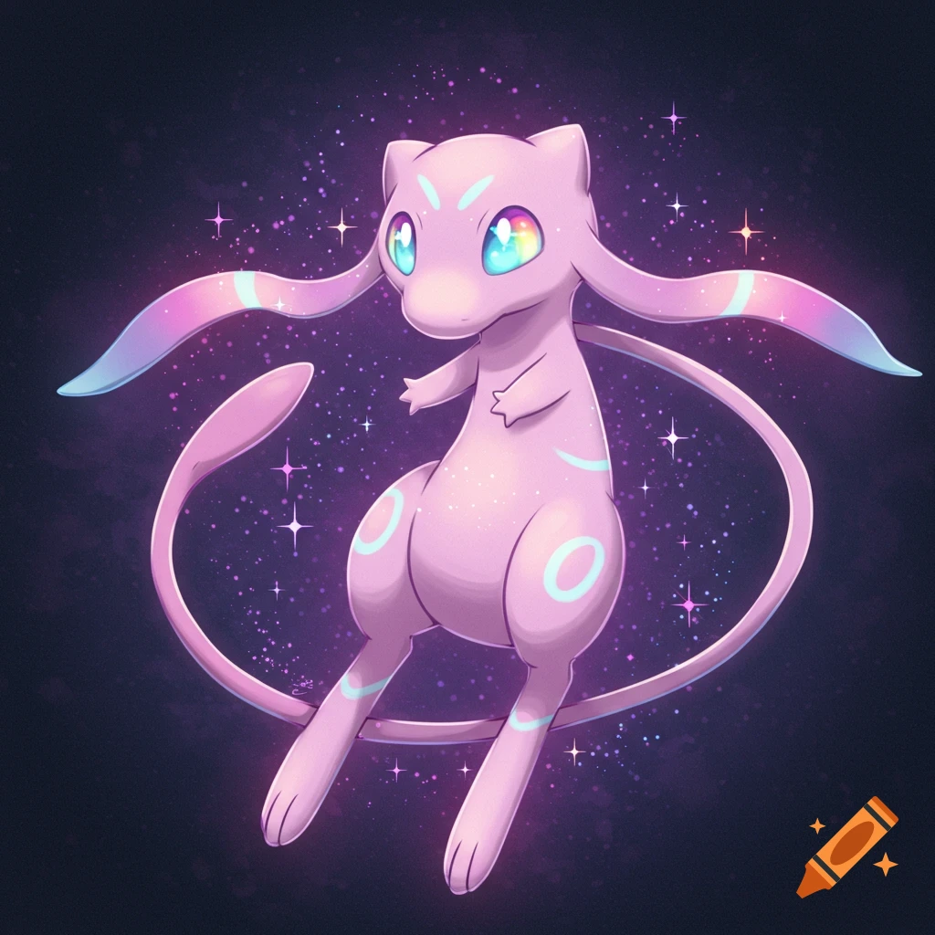 A pink creature resembling Mew with glowing rainbow eyes floats among stars and sparkles in a digital illustration.