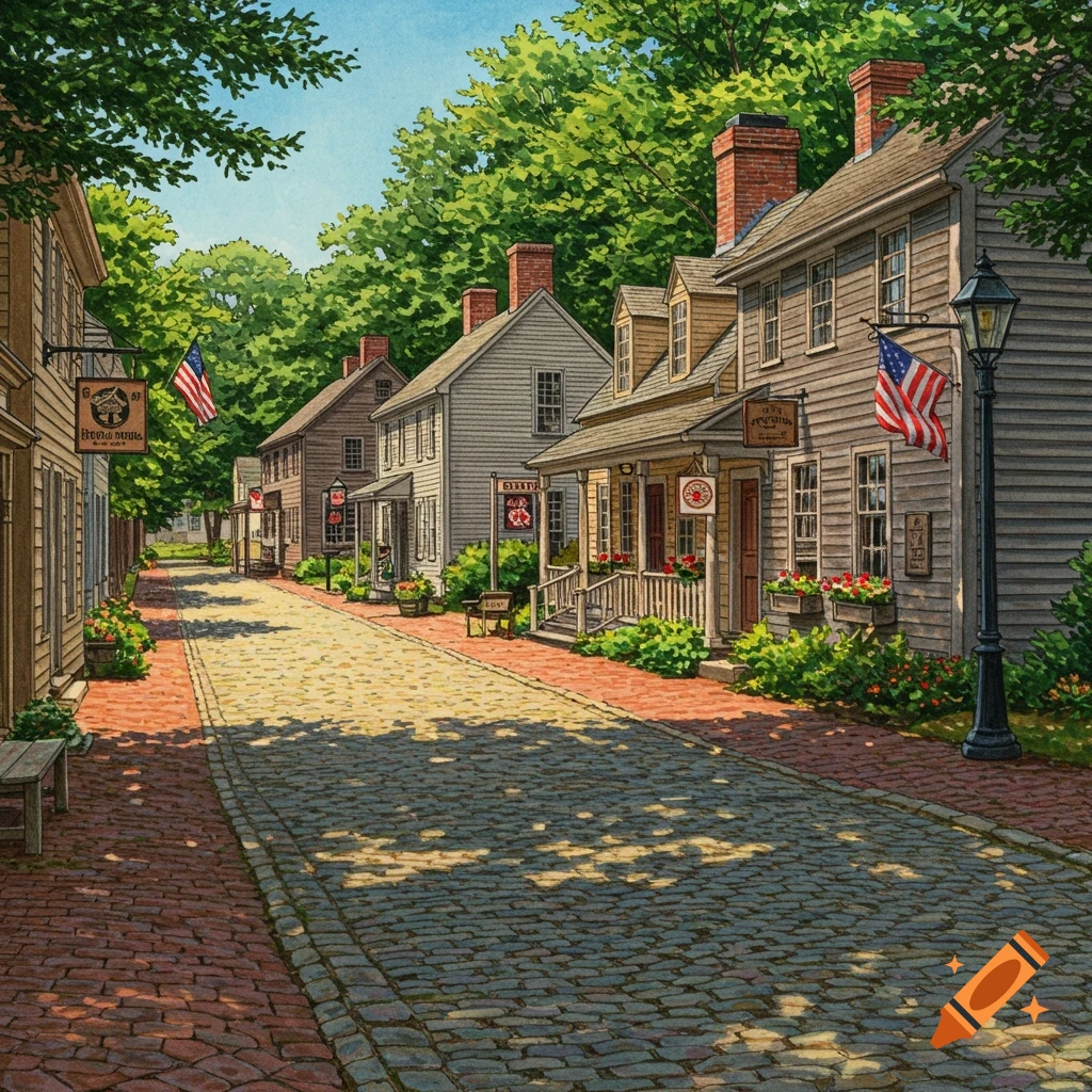 Cobblestone street in a historic village lined with wooden buildings and signs under trees.