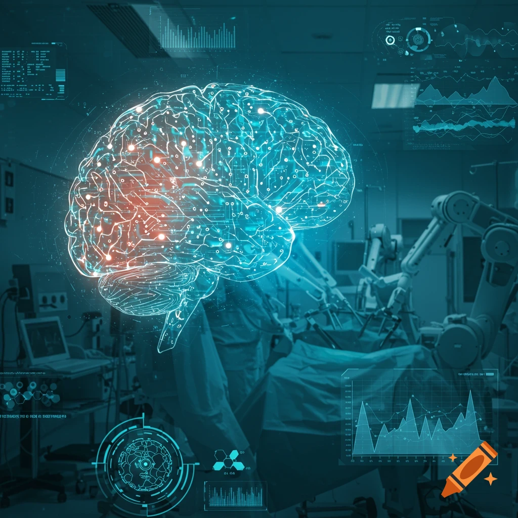 Digital rendering of a brain with circuits overlayed on a surgical room with robotic arms and screens