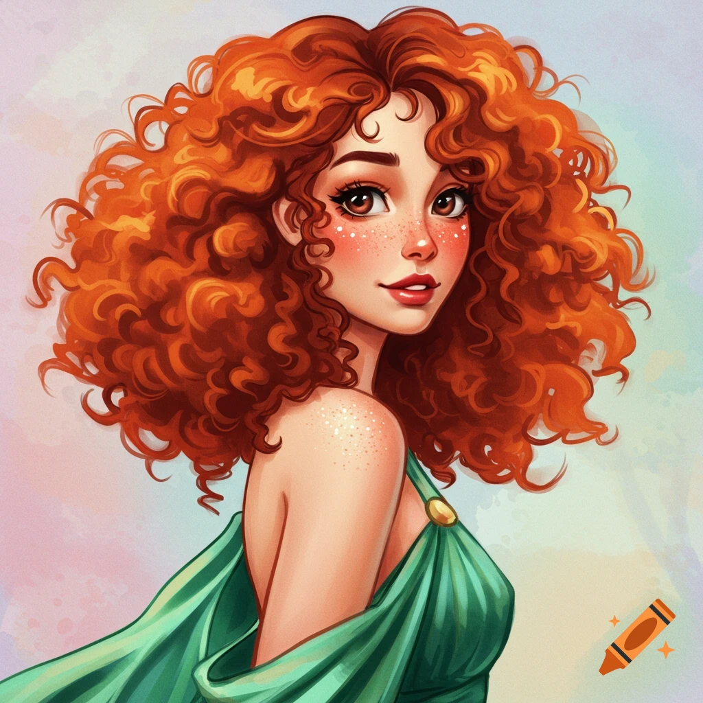 A woman with red curly hair and freckles wearing a green dress.