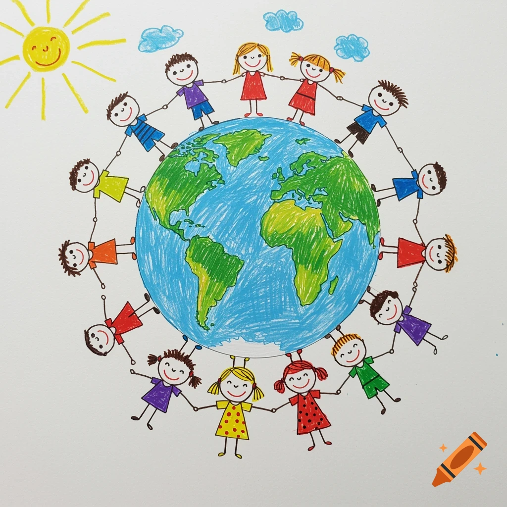 Child-like crayon drawing of diverse kids holding hands around the globe.