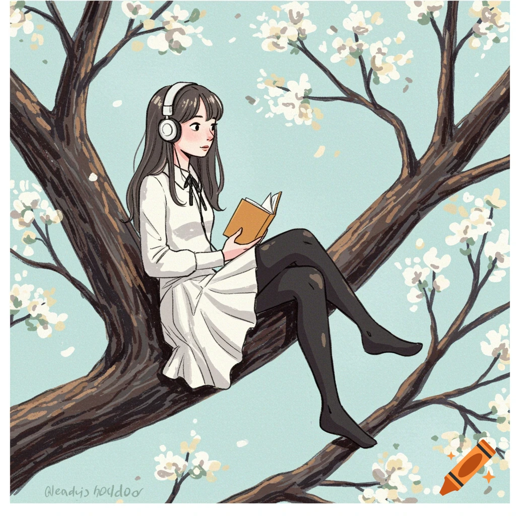 Illustration of a girl reading a book while sitting in a tree with white flowers.