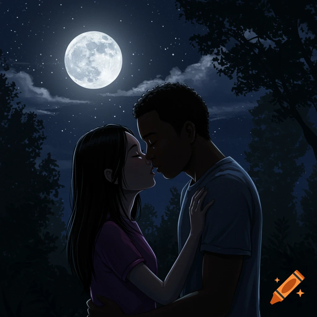 A couple kissing under a full moon in a forest.