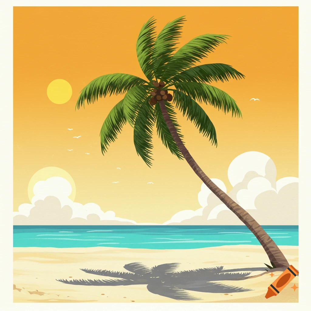 A beach with a palm tree against an orange sky.