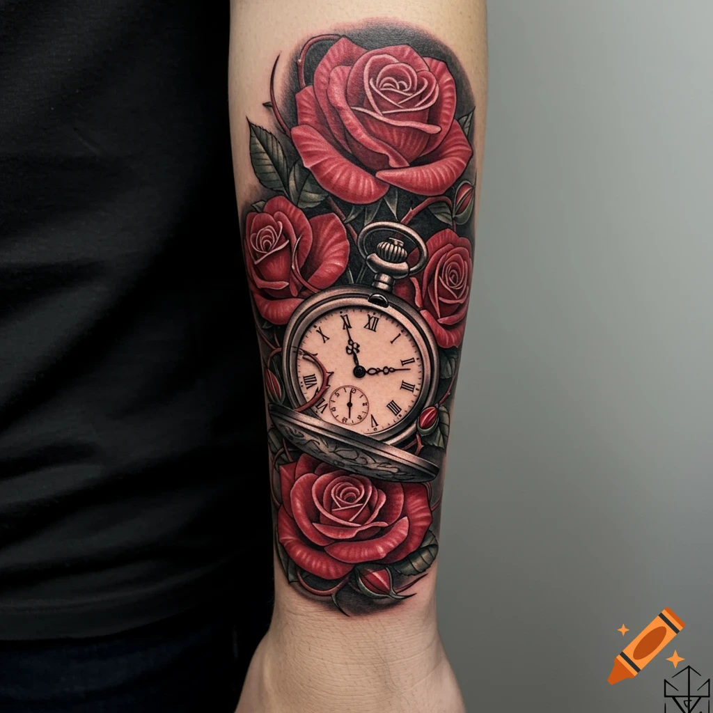 Realistic tattoo of red roses and a silver pocket watch on an arm.