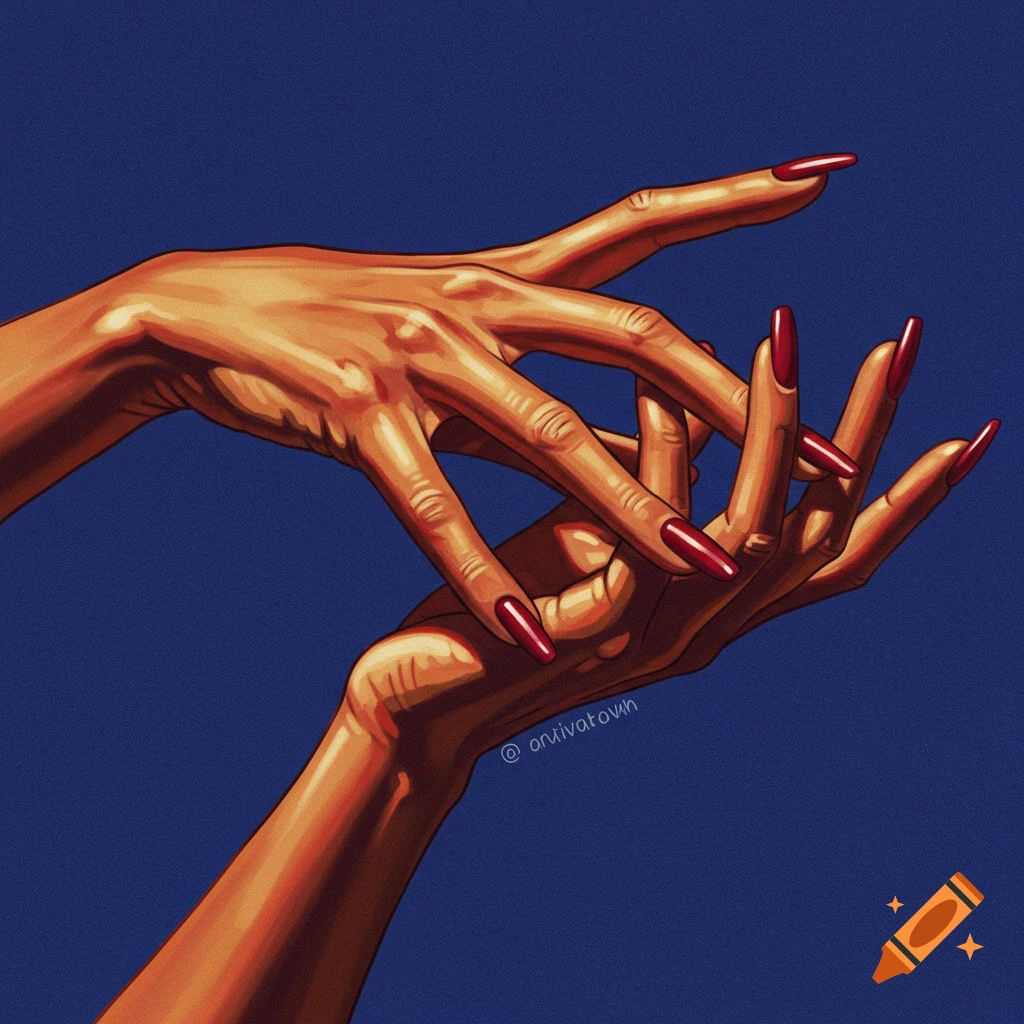 A close-up of intertwined hands with long red nails against a blue background.