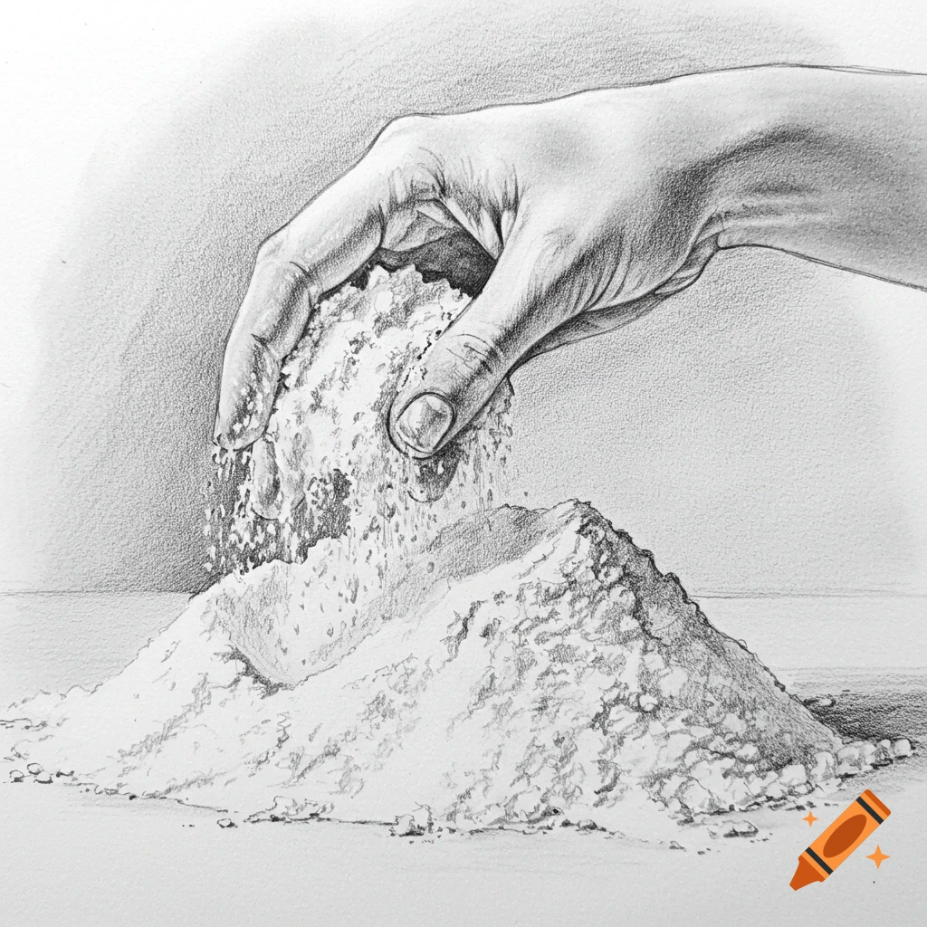 A pencil sketch of a hand dropping flour onto a pile.