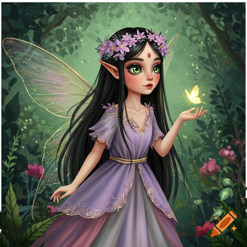 A young fairy girl with black hair and flower crown holds a glowing butterfly in a forest.
