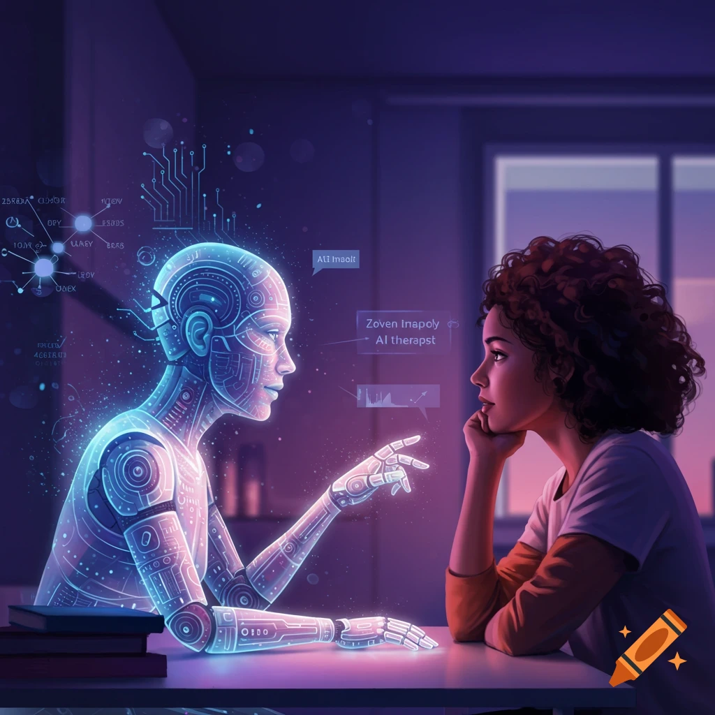 A person interacts with a glowing holographic AI robot in a futuristic room.