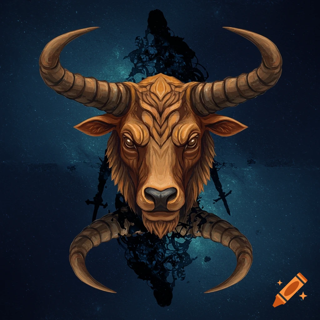 A stylized bull's head with curved horns is shown over a dark blue abstract background resembling a Rorschach test.