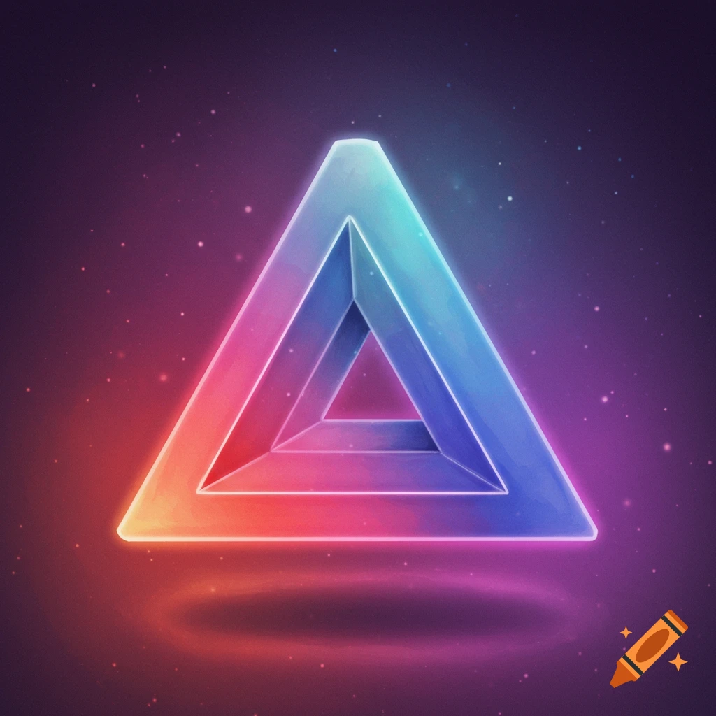 A glowing neon Penrose triangle in abstract space with colorful gradients and stars.