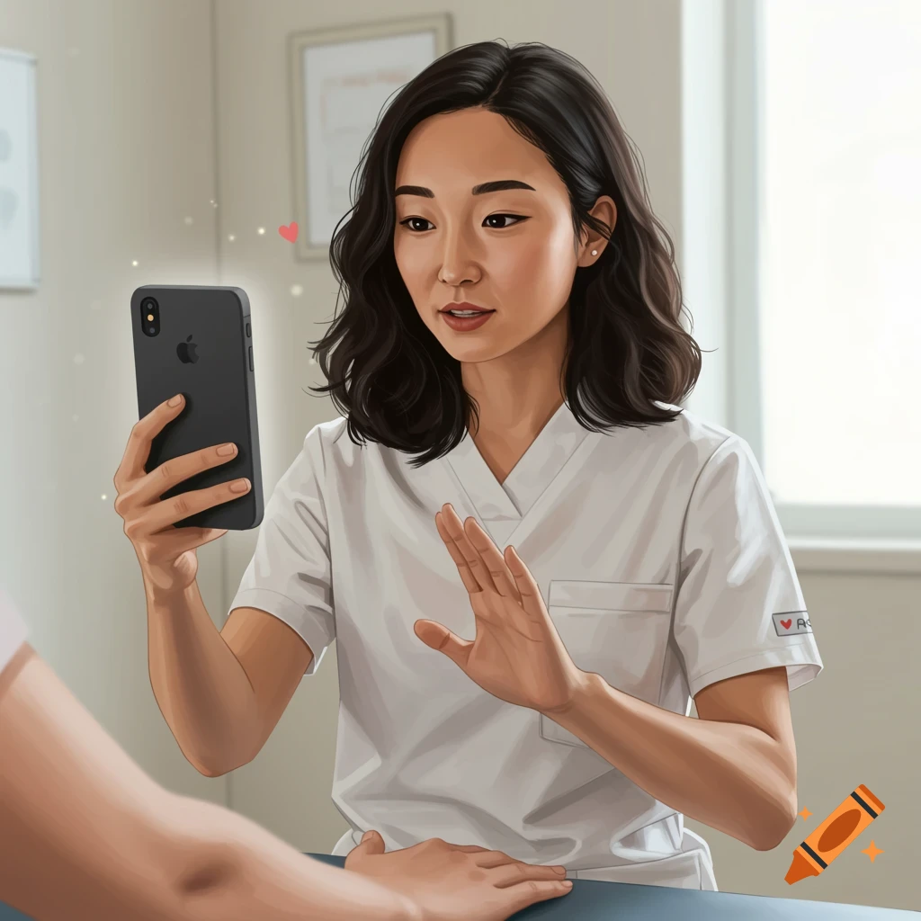 A physical therapist on a video call demonstrating a movement.
