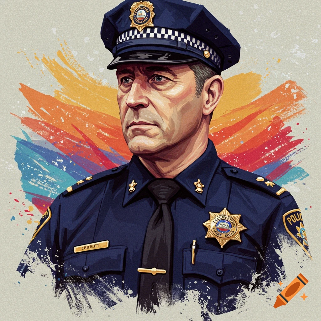 An officer of the law in uniform against a colorful abstract background.