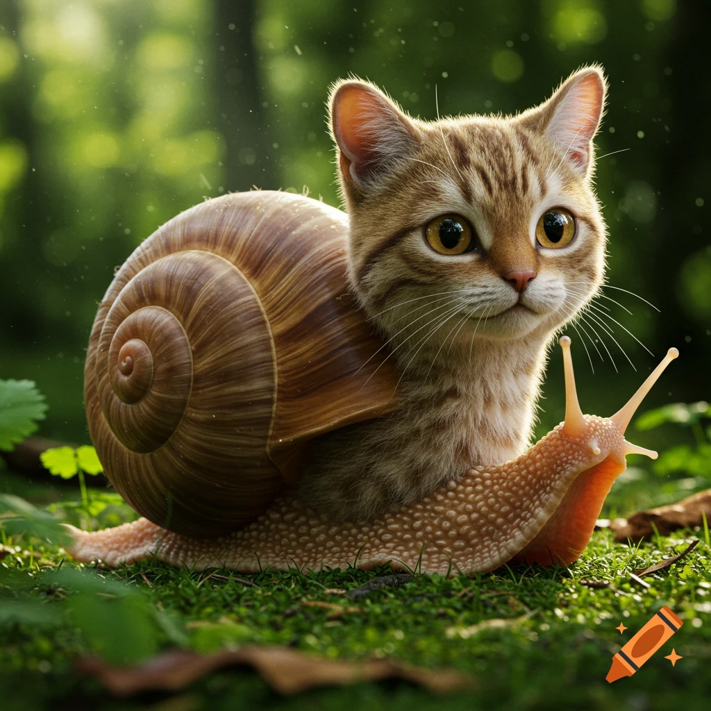 A hyper realistic closeup of a cat with a snail shell and body, sitting on moss in a forest.