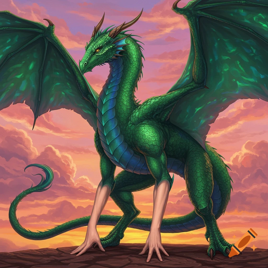 A green dragon with human hands on its front legs stands on a rock at sunset.