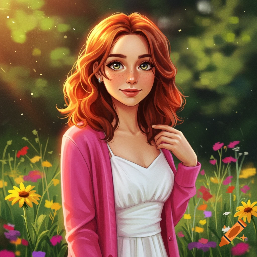 A woman with red hair and freckles in a flower garden