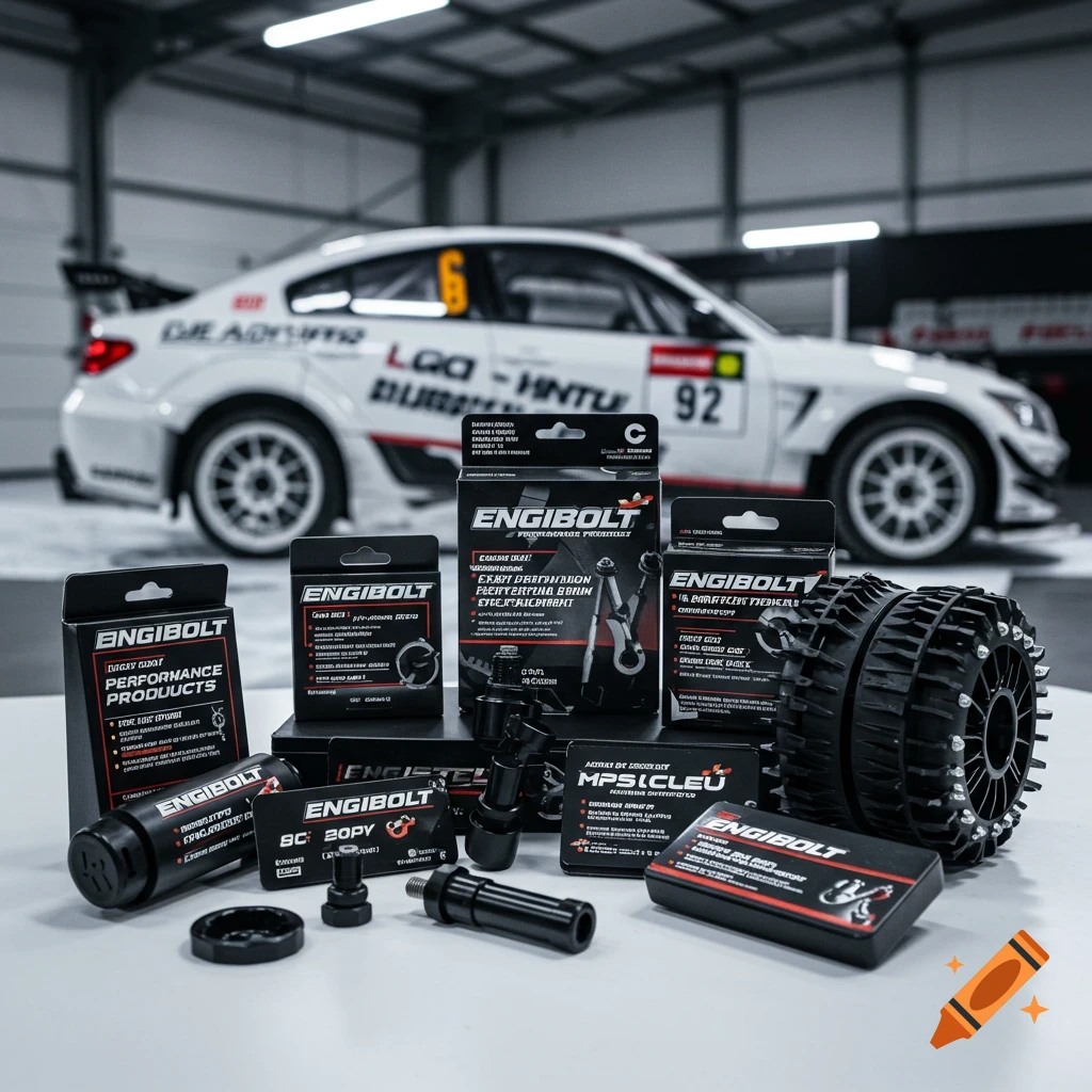 Automotive performance products and a race car in a garage.
