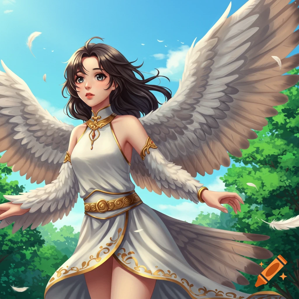 Anime drawing of an angelic woman with feathered wings in a forest.